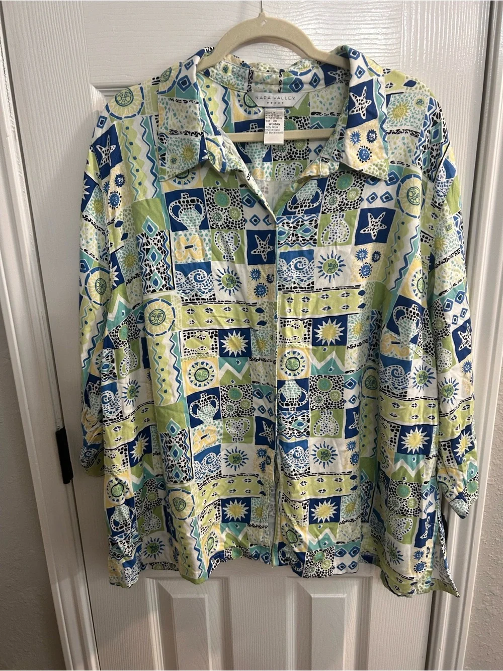 Vintage Napa valley 3/4 Sleeve Buton Up Shirt Geometric Designs Sz 3X costal